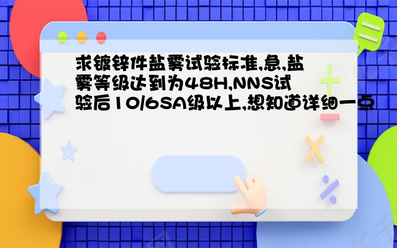 求镀锌件盐雾试验标准,急,盐雾等级达到为48H,NNS试验后10/6SA级以上,想知道详细一点