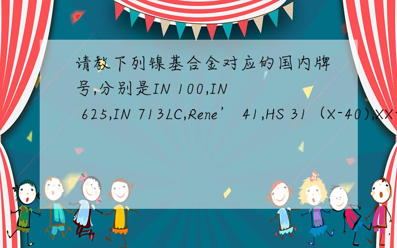 请教下列镍基合金对应的国内牌号,分别是IN 100,IN 625,IN 713LC,Rene’ 41,HS 31（X-40),XX-45,再谢!