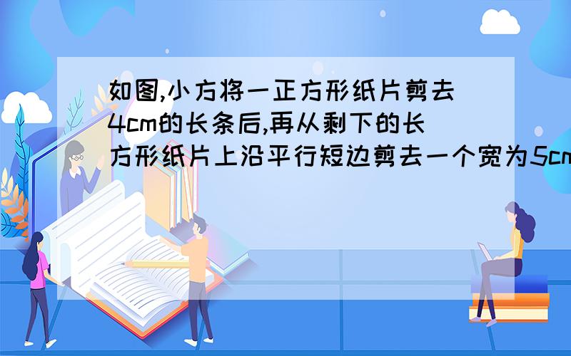 如图,小方将一正方形纸片剪去4cm的长条后,再从剩下的长方形纸片上沿平行短边剪去一个宽为5cm的长条,若两次剪下的长条面积正好相等,那么每一条面积为多少?原正方形的面积为多少?