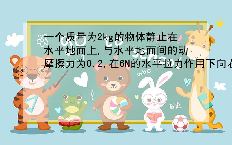 一个质量为2kg的物体静止在水平地面上,与水平地面间的动摩擦力为0.2,在6N的水平拉力作用下向右运动,求物体4s末的速度和4s内发生的位移?