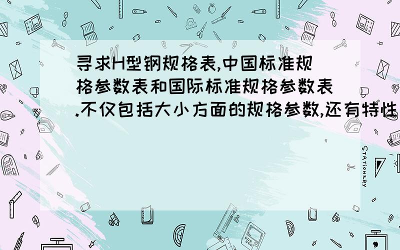 寻求H型钢规格表,中国标准规格参数表和国际标准规格参数表.不仅包括大小方面的规格参数,还有特性方面的（如：压缩强度,引张强度等）.答的好的,还可以加分的,