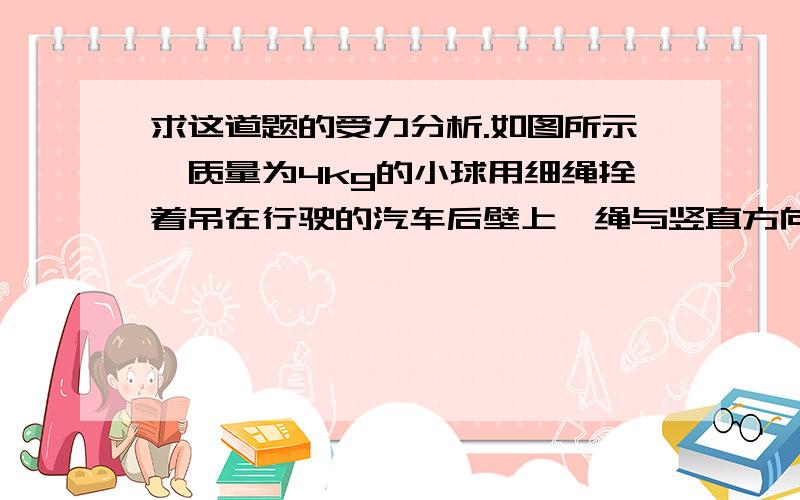 求这道题的受力分析.如图所示,质量为4kg的小球用细绳拴着吊在行驶的汽车后壁上,绳与竖直方向夹角为37º.已知g = 10m/s2 ,sin37º=0.6,cos37º=0.8,求：(1)汽车匀速运动时,细线对小球的拉力