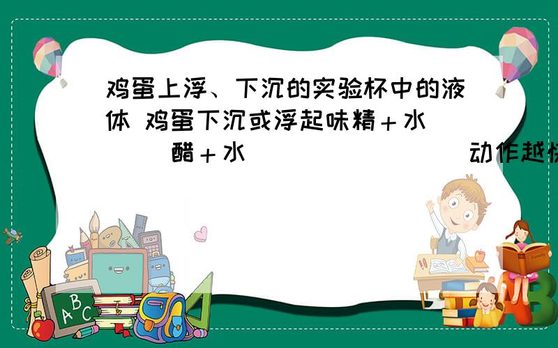 鸡蛋上浮、下沉的实验杯中的液体 鸡蛋下沉或浮起味精＋水 （ ）醋＋水 （ ）（ ） （ ）动作越快,最后一行像上面一行的格式一样,再重新写一种可能.最后一行写好,一楼的就可以加30分噢!(