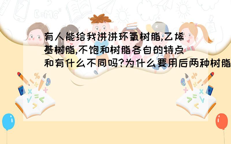 有人能给我讲讲环氧树脂,乙烯基树脂,不饱和树脂各自的特点和有什么不同吗?为什么要用后两种树脂取代环氧树脂呢?如果是和玻纤或碳纤的组合应用呢?