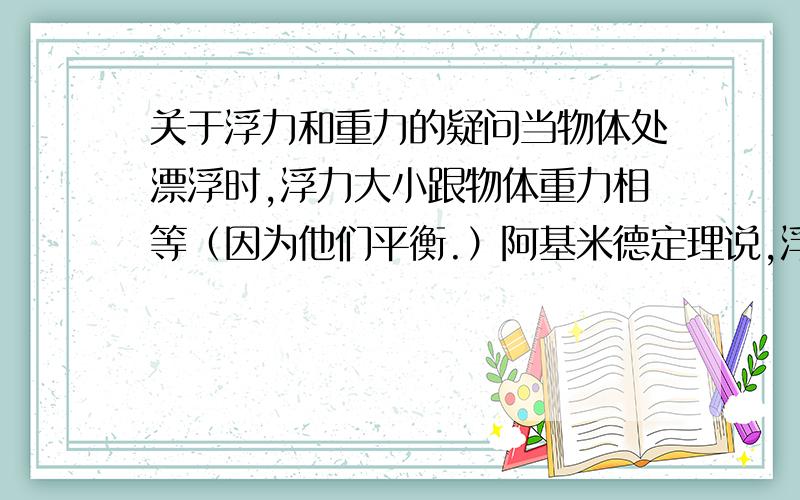 关于浮力和重力的疑问当物体处漂浮时,浮力大小跟物体重力相等（因为他们平衡.）阿基米德定理说,浮力大小跟排开水的重力相等.这样说来,不是物体重力要和排开水的重力相等了吗?显然这