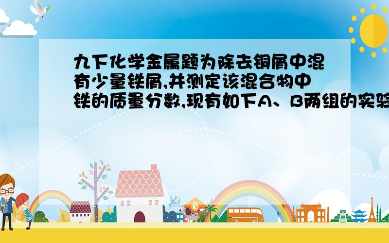 九下化学金属题为除去铜屑中混有少量铁屑,并测定该混合物中铁的质量分数,现有如下A、B两组的实验为除去铜屑中混有的少量铁屑,并测定该混合物中铁的质量分数,现有如下A、B两组实验方