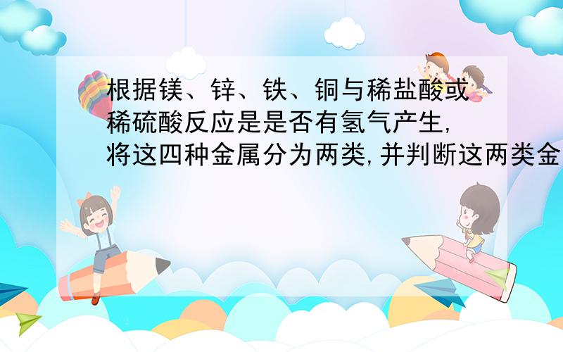 根据镁、锌、铁、铜与稀盐酸或稀硫酸反应是是否有氢气产生,将这四种金属分为两类,并判断这两类金属的活动性.