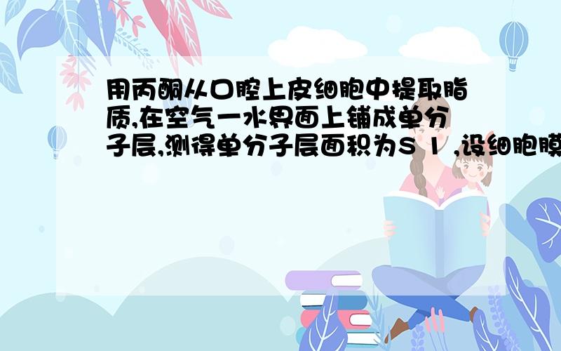 用丙酮从口腔上皮细胞中提取脂质,在空气一水界面上铺成单分子层,测得单分子层面积为S 1 ,设细胞膜表面积为S 2 ,则S 1 与S 2 关系最恰当的是\x05 [ ] A．S 1 =2S 2 B．S1>2S 2 C．S1