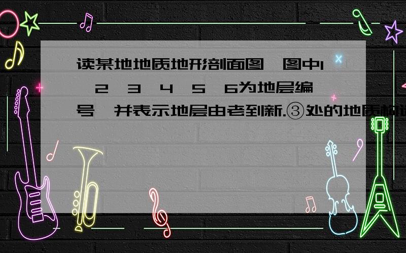 读某地地质地形剖面图,图中1、2、3、4、5、6为地层编号,并表示地层由老到新.③处的地质构造是A．背斜\x05B．向斜C．地垒\x05D．地堑为什么是D选项呢,地堑不是中间凸起的吗.