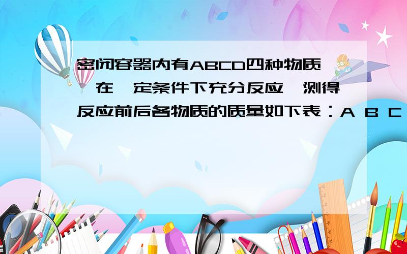 密闭容器内有ABCD四种物质,在一定条件下充分反应,测得反应前后各物质的质量如下表：A B C D 反应前质量密闭容器内有ABCD四种物质，在一定条件下充分反应，测得反应前后各物质的质量如下