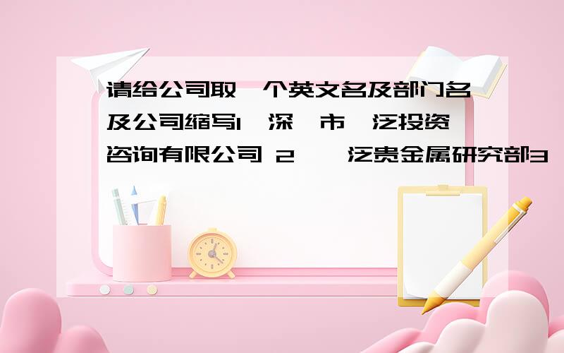 请给公司取一个英文名及部门名及公司缩写1、深圳市棹泛投资咨询有限公司 2、棹泛贵金属研究部3、棹泛（准客户）客服部 4、棹泛咨询部5、棹泛合约部6、棹泛行政部劳驾,翻好之后,另加分