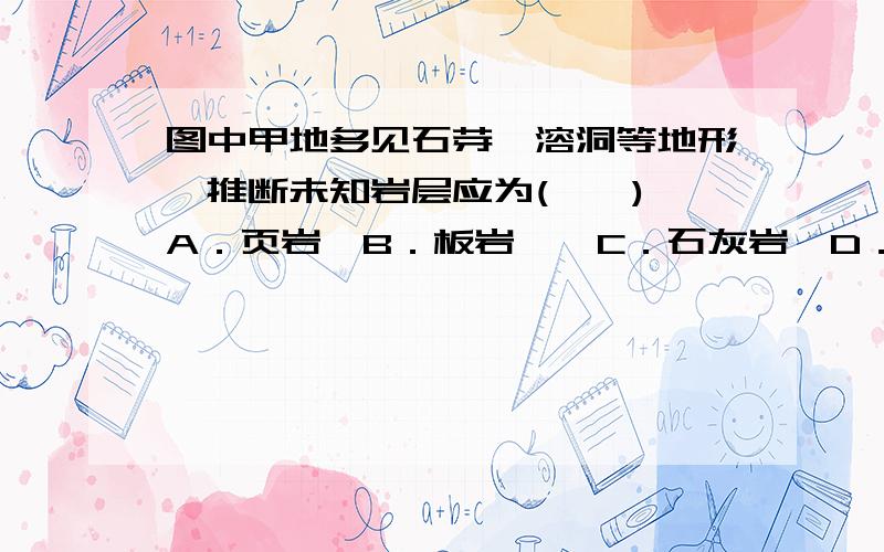 图中甲地多见石芽、溶洞等地形,推断未知岩层应为(　　) A．页岩　B．板岩　　C．石灰岩　D．花岗岩要讲解,尽可能详细一斜