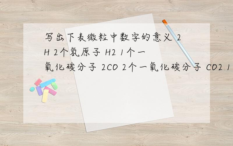 写出下表微粒中数字的意义 2H 2个氢原子 H2 1个一氧化碳分子 2CO 2个一氧化碳分子 CO2 1个二氧化碳分子