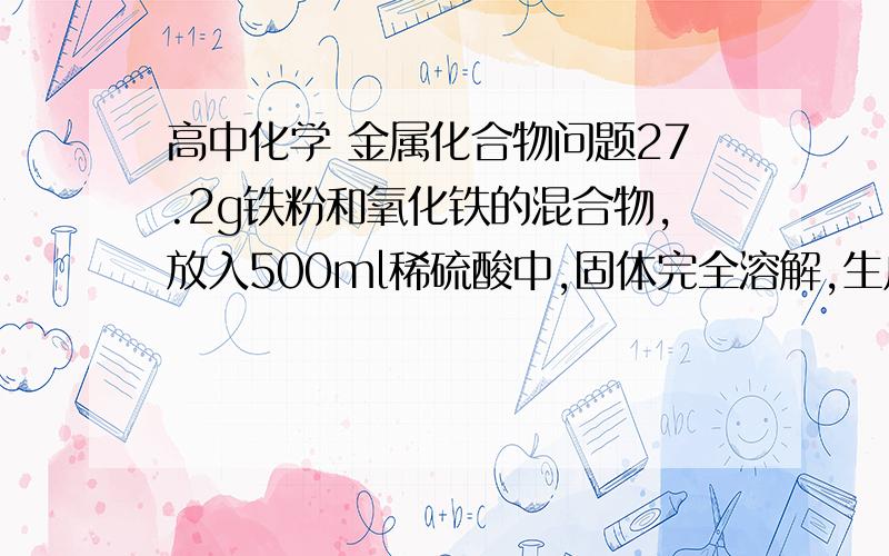 高中化学 金属化合物问题27.2g铁粉和氧化铁的混合物,放入500ml稀硫酸中,固体完全溶解,生成H2  4.48L（标准）,加入NH4SCN溶液后,无颜色变化 加入2mol/L的NaOH溶液 当溶液成中性时用掉NaOH（aq）500ml