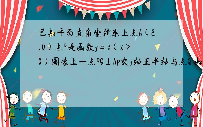 已知平面直角坐标系上点A(2,0)点P是函数y=x(x>0)图像上一点PQ⊥Ap交y轴正半轴与点Q 如图（1）试证明AP=PQ（2）设点P的横坐标为a.点Q的横坐标为b,那么b关于a的函数关系时是——————