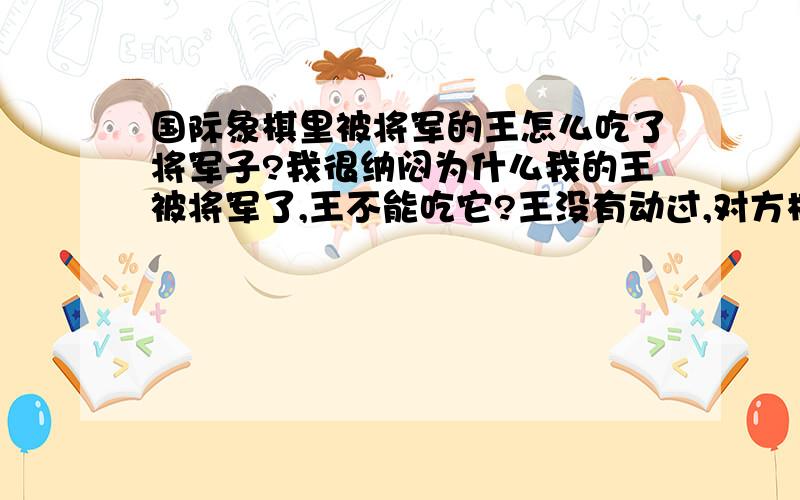 国际象棋里被将军的王怎么吃了将军子?我很纳闷为什么我的王被将军了,王不能吃它?王没有动过,对方棋子过来将军了,但是周围都是我的棋子,没有对方的棋子能够保护它,那为什么我就吃不了