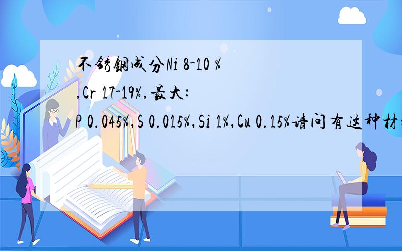 不锈钢成分Ni 8-10 %,Cr 17-19%,最大:P 0.045%,S 0.015%,Si 1%,Cu 0.15%请问有这种材料吗?这种材料是不锈钢中的1Cr18Ni9Ti吗?这是一客户给的成分,没有查到这种钢种代号.