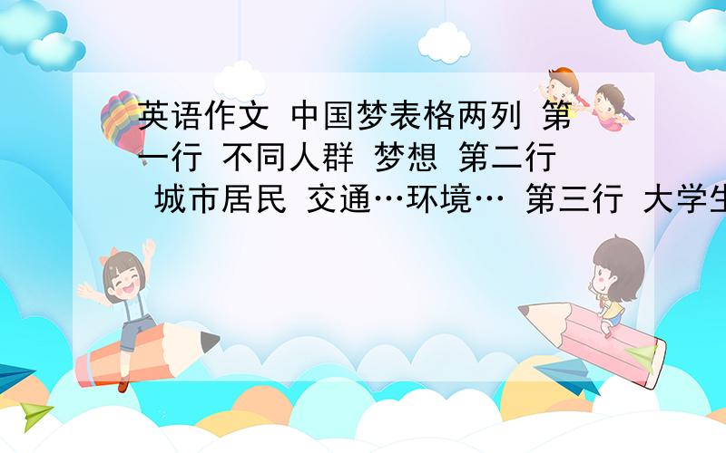 英语作文 中国梦表格两列 第一行 不同人群 梦想 第二行 城市居民 交通…环境… 第三行 大学生 就业…食品… 第四行农民 教育…医疗…第五行 你的梦想 提出至少两个梦想