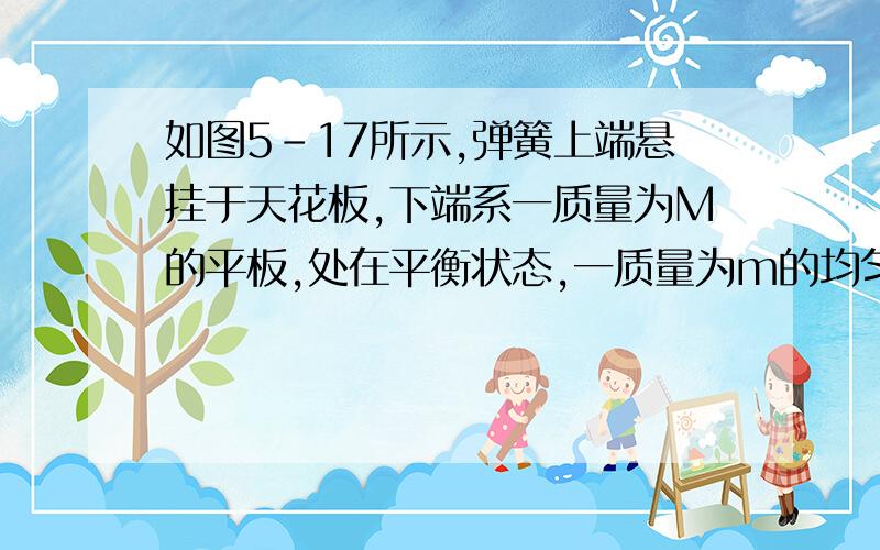 如图5-17所示,弹簧上端悬挂于天花板,下端系一质量为M的平板,处在平衡状态,一质量为m的均匀环套在弹簧外,与平板的距离为h,如图,让环自由下落,撞击平板,已知碰后环与板以相同的速度向下运