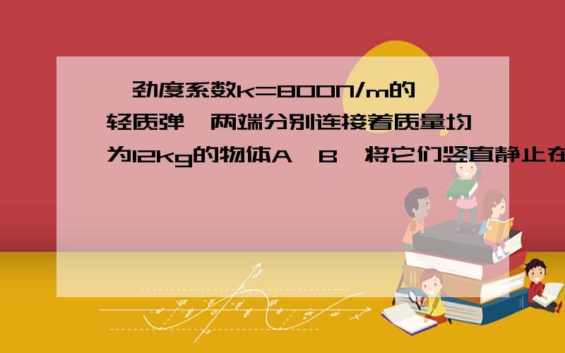 一劲度系数k=800N/m的轻质弹簧两端分别连接着质量均为12kg的物体A、B,将它们竖直静止在水平面上,如图所示.现将一竖直向上的变力F作用在A上,使A开始向上做匀加速运动,经0.40s物体B刚要离开地