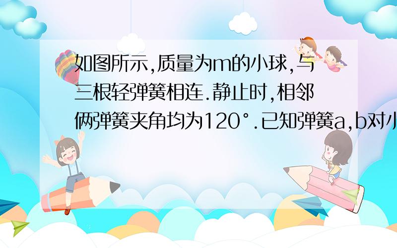 如图所示,质量为m的小球,与三根轻弹簧相连.静止时,相邻俩弹簧夹角均为120°.已知弹簧a,b对小球的作用里均为F,则弹簧c对小球的作用力可能为A F B ,F-mg C F+mg D mg-F答案是ABCD