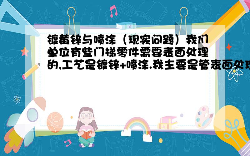 镀黄锌与喷涂（现实问题）我们单位有些门梯零件需要表面处理的,工艺是镀锌+喷涂.我主要是管表面处理的,我每次拿出去的活以45#钢为主,镀锌出来的效果是花花绿绿的,检验说不合格,说吃纯