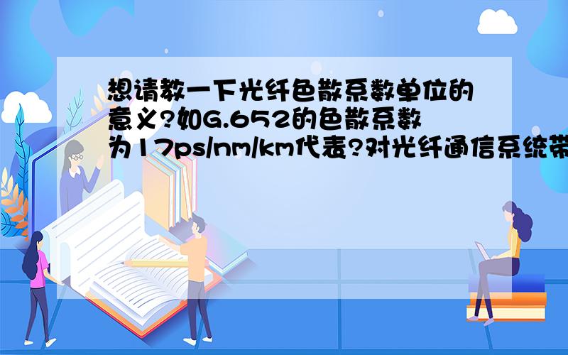 想请教一下光纤色散系数单位的意义?如G.652的色散系数为17ps/nm/km代表?对光纤通信系统带来的影响是?