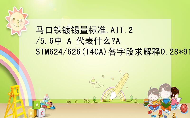 马口铁镀锡量标准.A11.2/5.6中 A 代表什么?ASTM624/626(T4CA)各字段求解释0.28*910*971*T61*A11.2/5.6(gm/m2)-Can body0.26*876*872*T61*A11.2/5.6(gm/m2)-Can endStandard:ASTM624/626(T4CA)对方提到：tin sheets（A10 OTS）（这A10 OTS