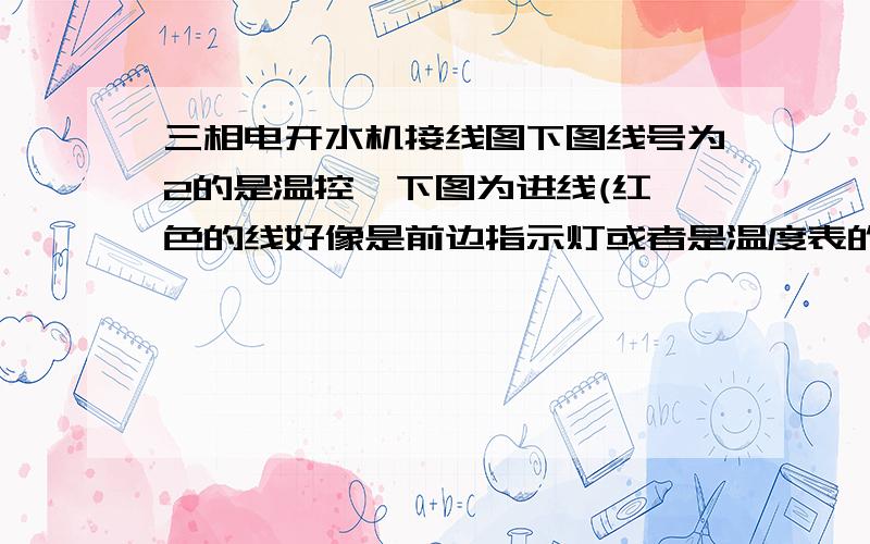 三相电开水机接线图下图线号为2的是温控  下图为进线(红色的线好像是前边指示灯或者是温度表的线,蓝色好像是水量器的线.)  下图为前温度表和指示灯的线 下图两根蓝色的线好像是水位器