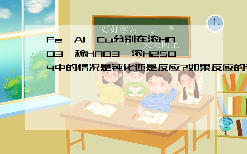 Fe、Al、Cu分别在浓HNO3,稀HNO3,浓H2SO4中的情况是钝化还是反应?如果反应的话讲一下就好了,方程式我知道的,我说的是常温下