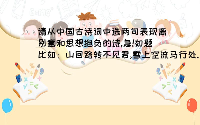 请从中国古诗词中选两句表现离别意和思想抱负的诗,急!如题比如：山回路转不见君,雪上空流马行处.