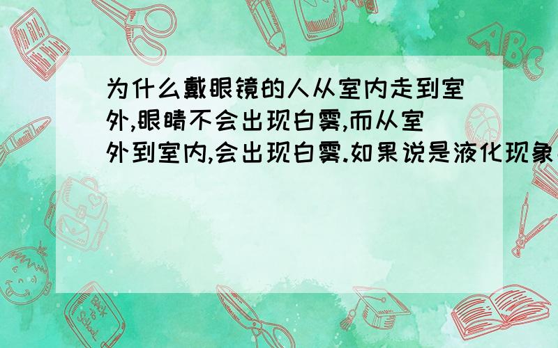 为什么戴眼镜的人从室内走到室外,眼睛不会出现白雾,而从室外到室内,会出现白雾.如果说是液化现象那么不是冷的空气碰到热空气都会发生液化现象吗,为什么都是冷的碰到热的,有的会,