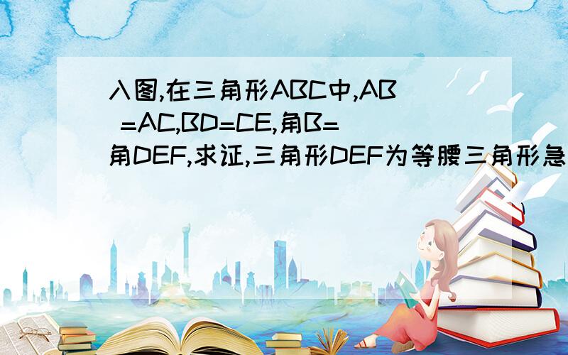 入图,在三角形ABC中,AB =AC,BD=CE,角B=角DEF,求证,三角形DEF为等腰三角形急,初二 数学