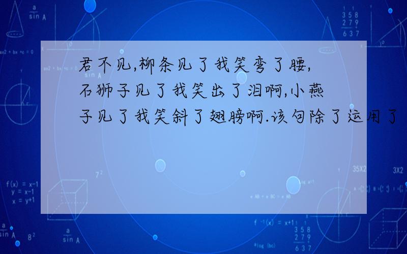 君不见,柳条见了我笑弯了腰,石狮子见了我笑出了泪啊,小燕子见了我笑斜了翅膀啊.该句除了运用了 拟人 还有什么修辞吗