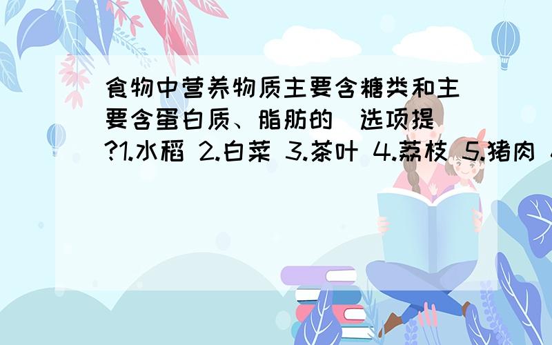 食物中营养物质主要含糖类和主要含蛋白质、脂肪的（选项提）?1.水稻 2.白菜 3.茶叶 4.荔枝 5.猪肉 6.对虾 7.甘蔗 8.萝卜 9.甘草 10.青蟹 （可能有一、二个是多余选项,我也不太清楚,反正是作业