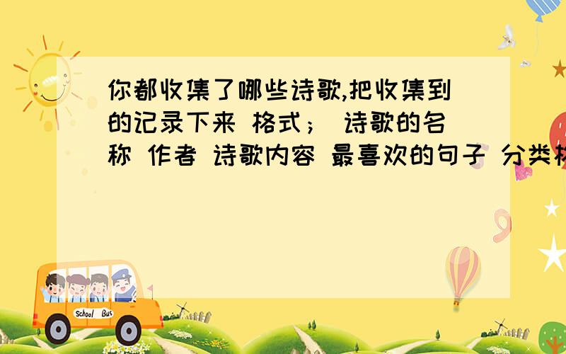 你都收集了哪些诗歌,把收集到的记录下来 格式； 诗歌的名称 作者 诗歌内容 最喜欢的句子 分类格式写好.急诗歌的名称,作者,诗歌内容,最喜欢的句子, 分类 都要