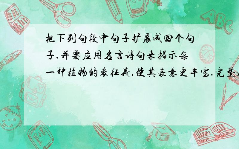 把下列句段中句子扩展成四个句子,并要应用名言诗句来揭示每一种植物的象征义,使其表意更丰富,完整汉语中的大部分词语都是与历史文化相联系的,在国人心中均有根生蒂固的象征意义,像