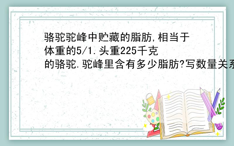 骆驼驼峰中贮藏的脂肪,相当于体重的5/1.头重225千克的骆驼.驼峰里含有多少脂肪?写数量关系