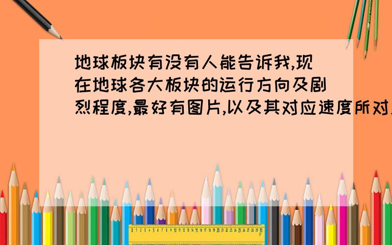 地球板块有没有人能告诉我,现在地球各大板块的运行方向及剧烈程度,最好有图片,以及其对应速度所对应的影响或引发地震的程度.我找了很多网站都没找到,希望各们大虾们帮帮忙.