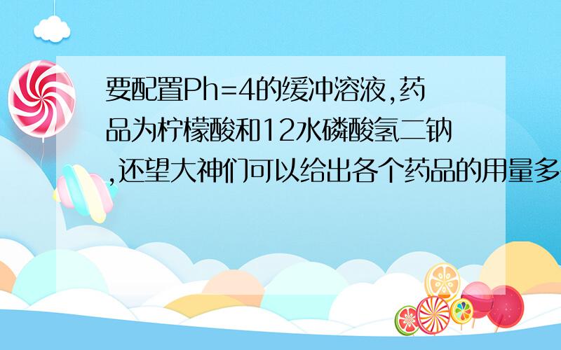 要配置Ph=4的缓冲溶液,药品为柠檬酸和12水磷酸氢二钠,还望大神们可以给出各个药品的用量多少谢谢