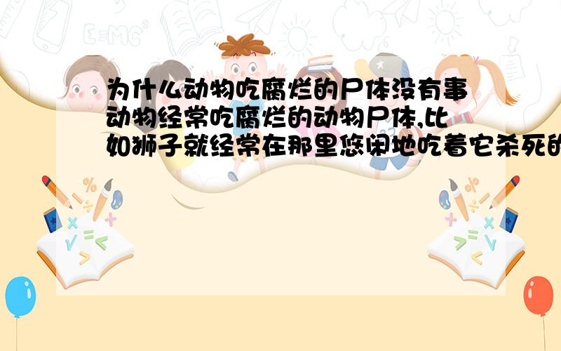 为什么动物吃腐烂的尸体没有事动物经常吃腐烂的动物尸体,比如狮子就经常在那里悠闲地吃着它杀死的动物尸体,有时候在路上发现了一只死去多时的已经腐烂的,长了蛆的尸体,也吃得津津有