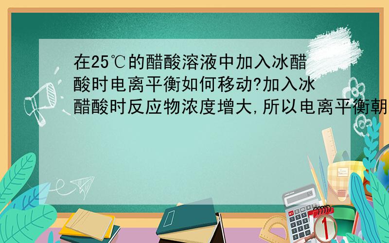 在25℃的醋酸溶液中加入冰醋酸时电离平衡如何移动?加入冰醋酸时反应物浓度增大,所以电离平衡朝正向移动,但是冰醋酸会影响温度,温度减小,即反应超放热方向移动,那么不是电离平衡朝反