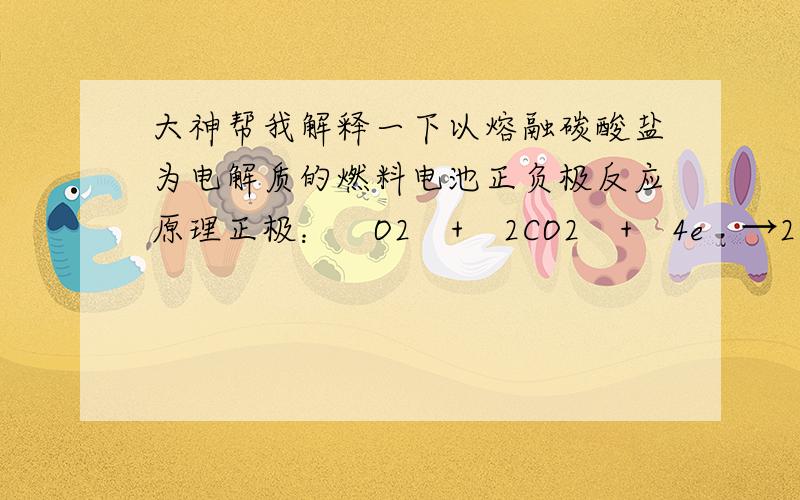 大神帮我解释一下以熔融碳酸盐为电解质的燃料电池正负极反应原理正极：　O2　+　2CO2　+　4e　→2CO32- 负极：2H2　+　2CO32→　2CO2　+　2H2O　+　4e– 为什么会是这样,尤其负极帮我解释清楚.