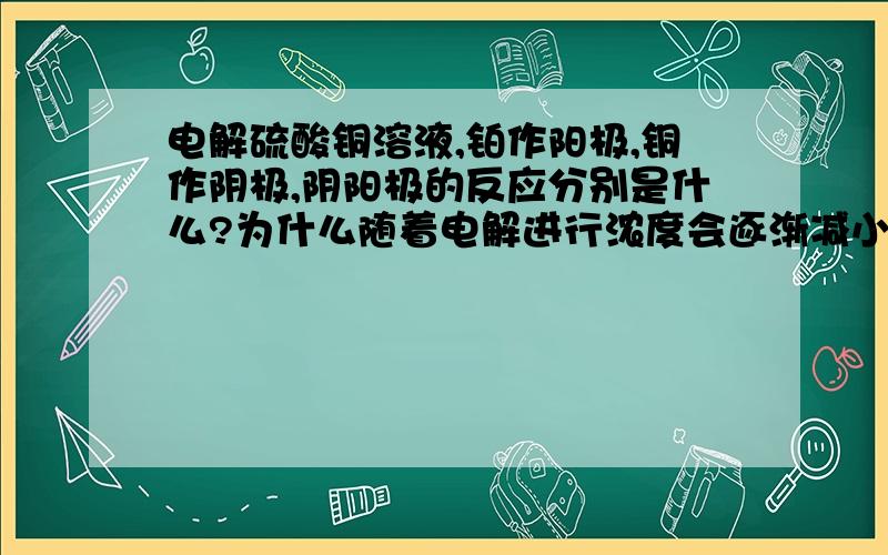 电解硫酸铜溶液,铂作阳极,铜作阴极,阴阳极的反应分别是什么?为什么随着电解进行浓度会逐渐减小呢?