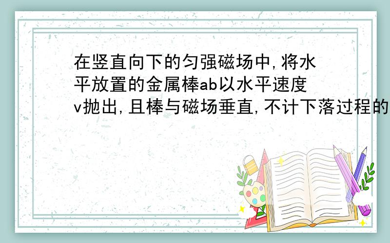 在竖直向下的匀强磁场中,将水平放置的金属棒ab以水平速度v抛出,且棒与磁场垂直,不计下落过程的空气阻力,则棒在运动过程中产生的感应电动势大小的变化是 [ ]A,越来越大B,越来越小 C,保持