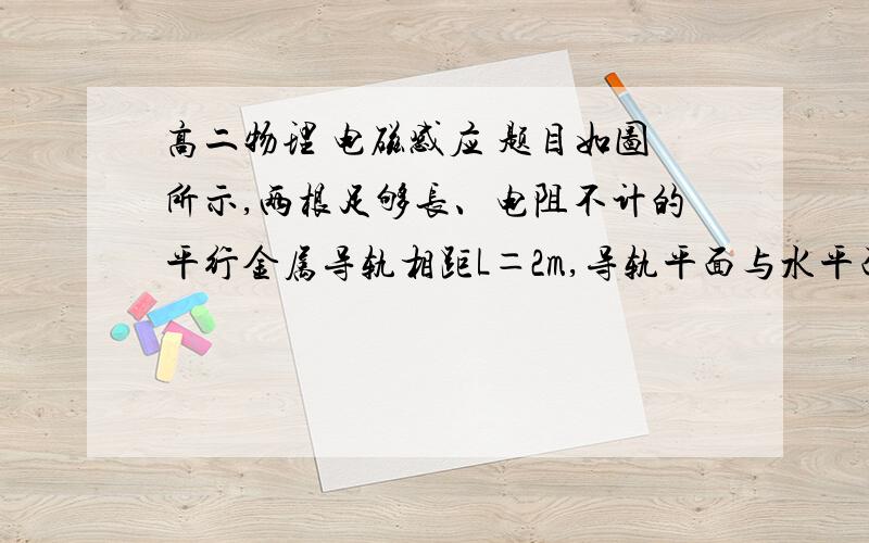 高二物理 电磁感应 题目如图所示,两根足够长、电阻不计的平行金属导轨相距L＝2m,导轨平面与水平面 成α＝37度,所处匀强磁场的磁感应强度为2T,方向与导轨平面垂直,下端连接阻值为R=2欧.质