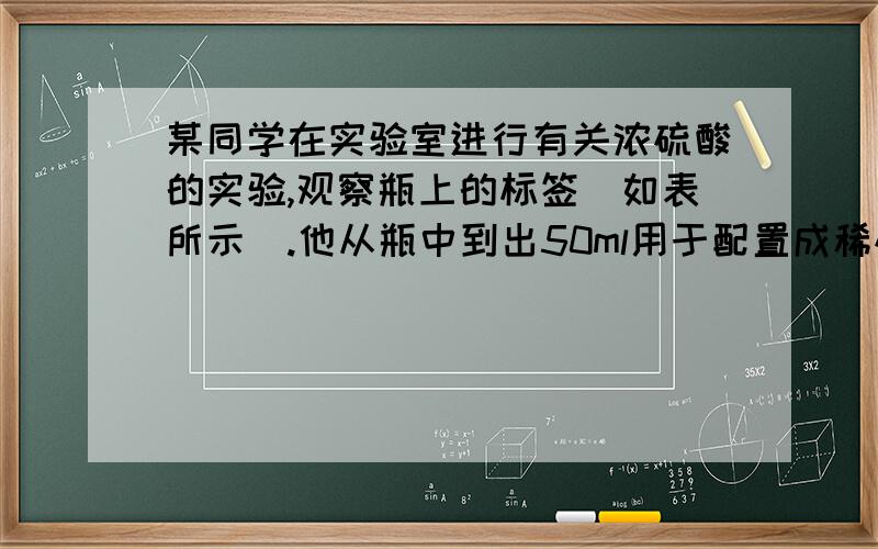 某同学在实验室进行有关浓硫酸的实验,观察瓶上的标签（如表所示）.他从瓶中到出50ml用于配置成稀硫酸某同学在实验室进行有关浓硫酸的实验,观察瓶上的标签（如表所示）.他从瓶中到出20