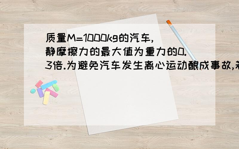 质量M=1000kg的汽车,静摩擦力的最大值为重力的0.3倍.为避免汽车发生离心运动酿成事故,若g取10m/s2,若汽车要通过一坡度为45°,半径为10m的弯道,为使汽车能顺利通过,且由重力和汽车与地面的弹