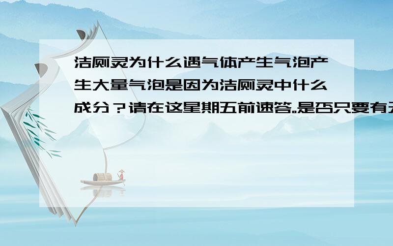 洁厕灵为什么遇气体产生气泡产生大量气泡是因为洁厕灵中什么成分？请在这星期五前速答。是否只要有无机酸即可？可能与小苏打，醋水混合物，二氧化碳中那一种发生化学反应？