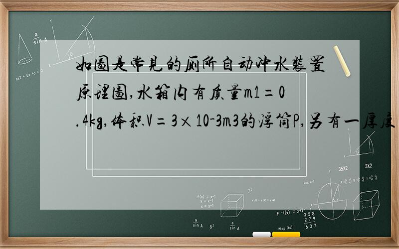 如图是常见的厕所自动冲水装置原理图,水箱内有质量m1=0.4kg,体积V=3×10-3m3的浮筒P,另有一厚度不计,质量m2=0.2kg,面积S=8×10-3m2的盖板Q盖在水箱底部的排水管上．用细线将P、Q连接,当供水管流进